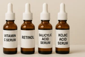 Four skincare serums in amber bottles labeled Vitamin C Serum, Retinol, Salicylic Acid Serum, and Kojic Acid Serum for acne treatment and skin brightening
